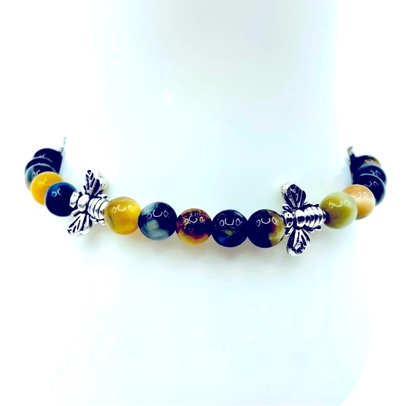 Handmade Bumble Bee Charm Bracelet with Natural Tiger Eye Stones! - Picture 3 of 6